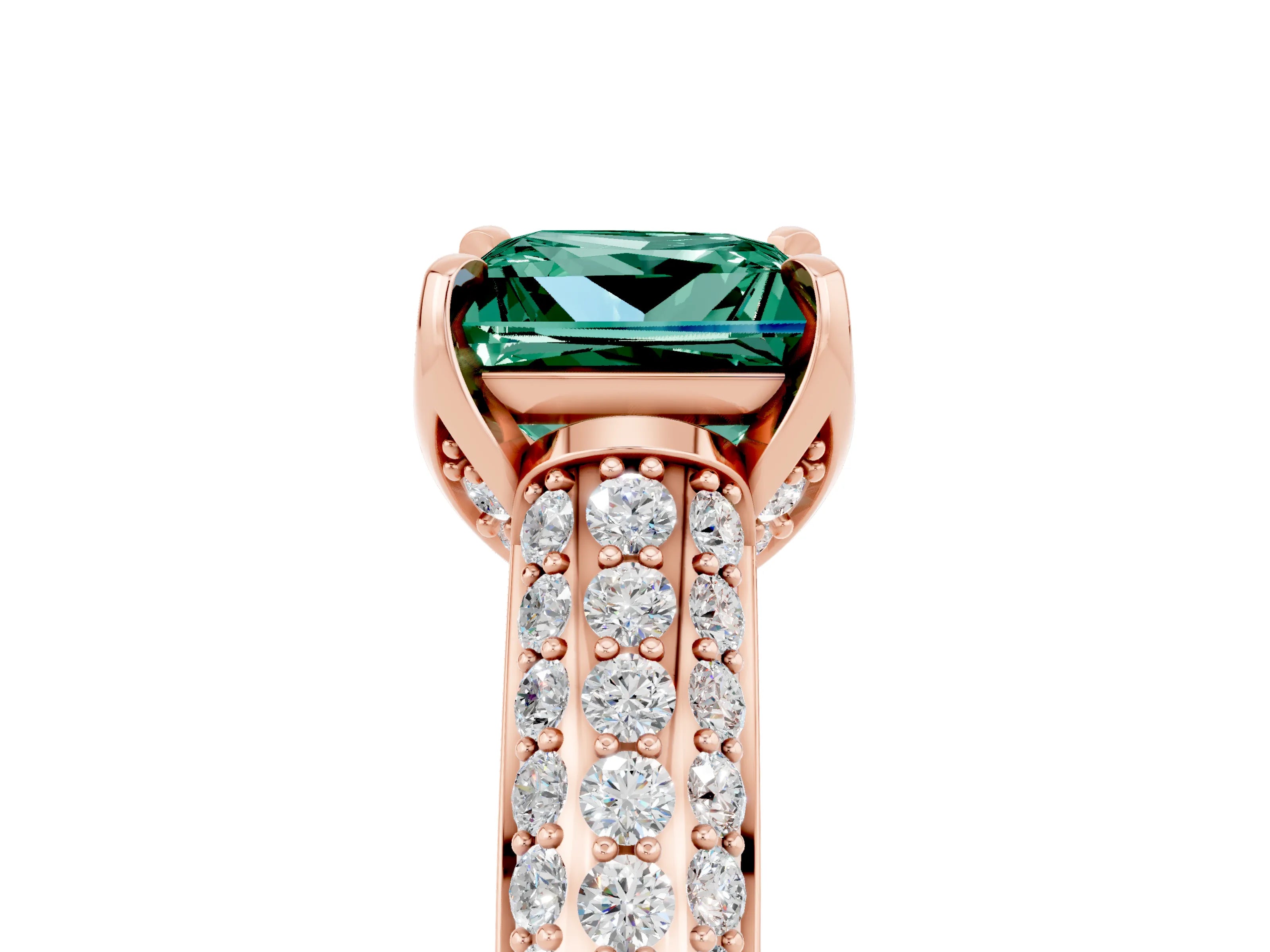 Rose gold Princess Cut Green Sapphire Solitaire Ring with Three-Row Pavé Band and Four-Prong Setting_17
