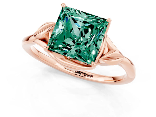 Rose gold Princess Cut Green Sapphire Solitaire Ring with Twist Band and Four-Prong Setting