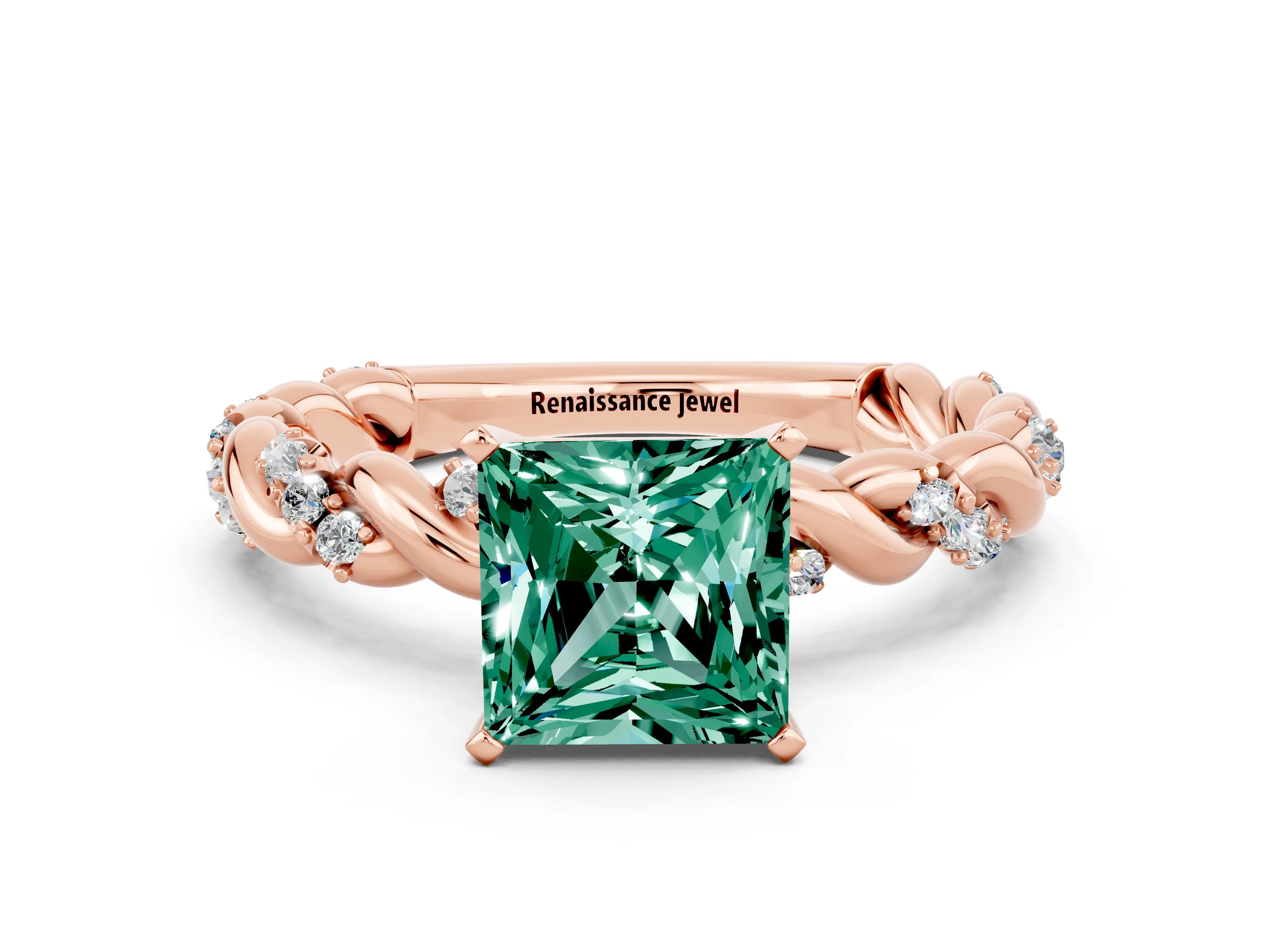 Rose gold Princess Cut Green Sapphire Solitaire Ring with Twisted Band and Pavé Accents