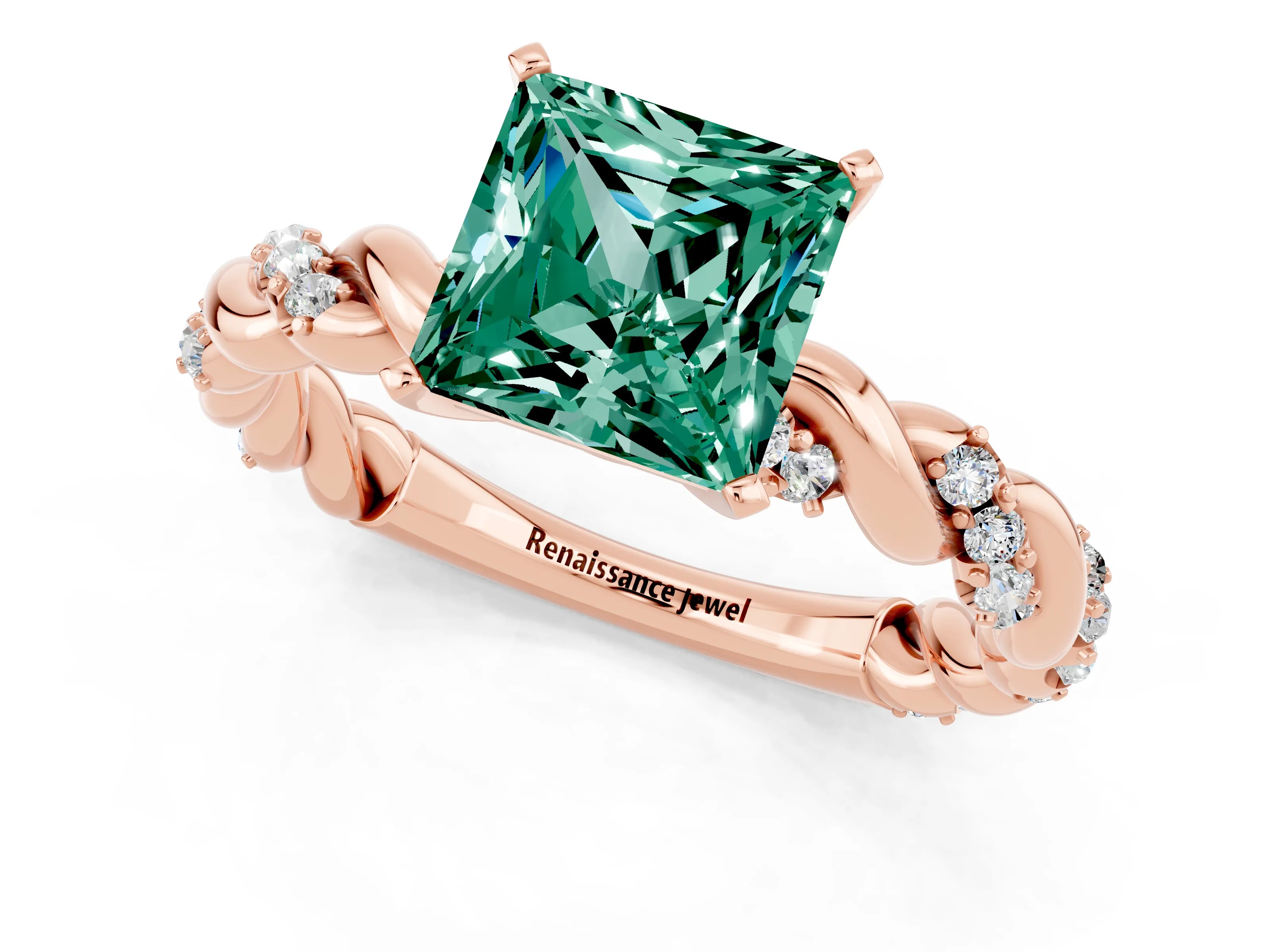 Rose gold Princess Cut Green Sapphire Solitaire Ring with Twisted Band and Pavé Accents_1