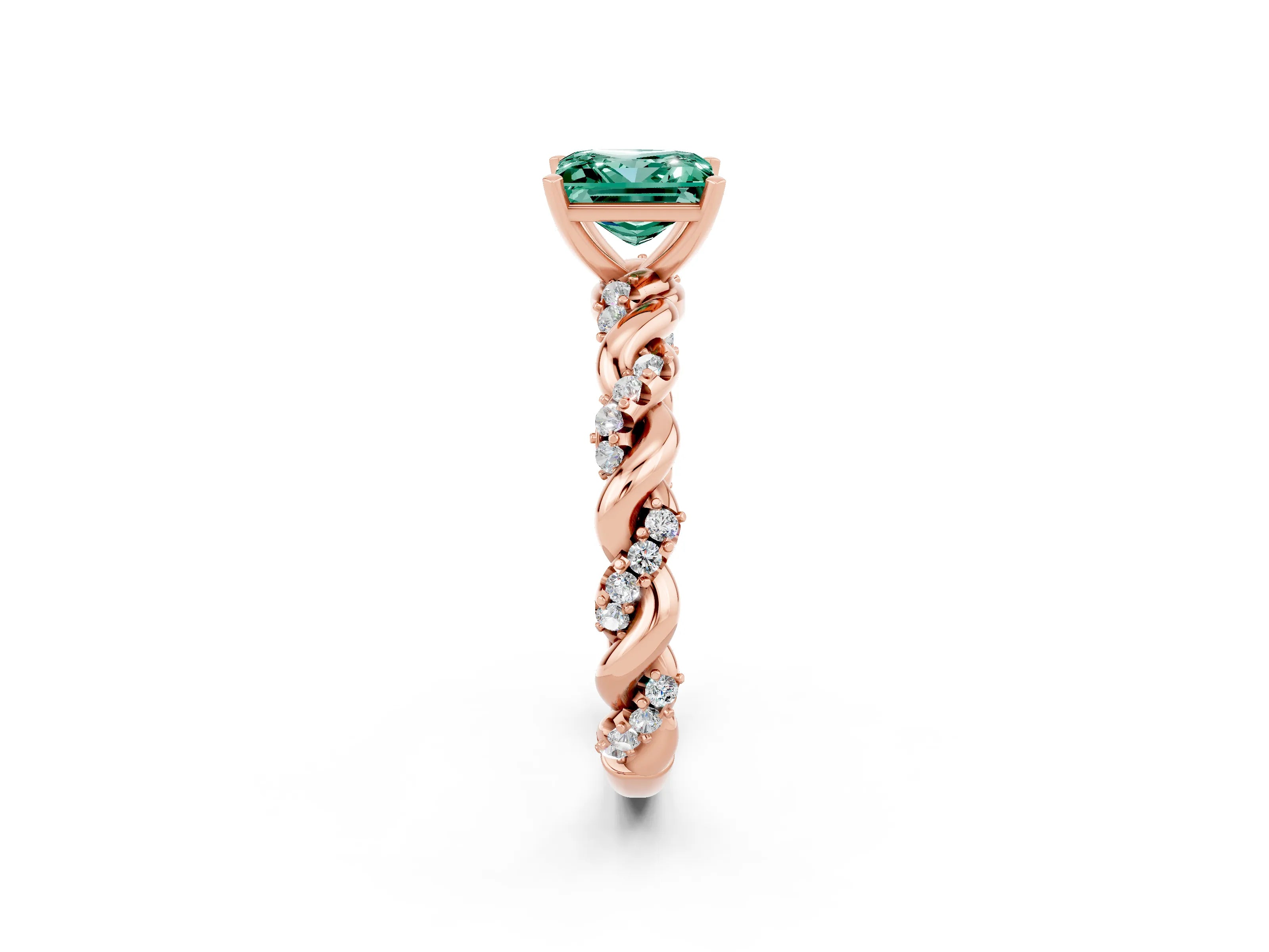 Rose gold Princess Cut Green Sapphire Solitaire Ring with Twisted Band and Pavé Accents_2