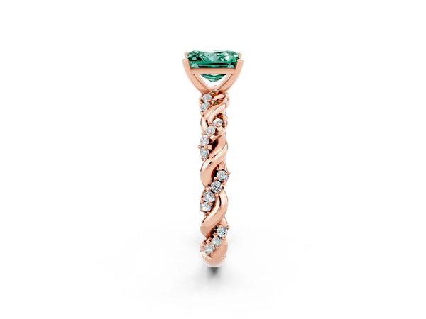 Rose gold Princess Cut Green Sapphire Solitaire Ring with Twisted Band and Pavé Accents