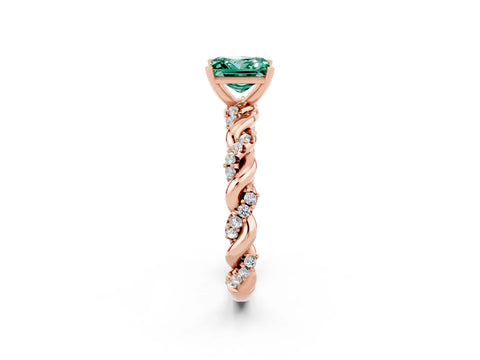 Rose gold Princess Cut Green Sapphire Solitaire Ring with Twisted Band and Pavé Accents_2