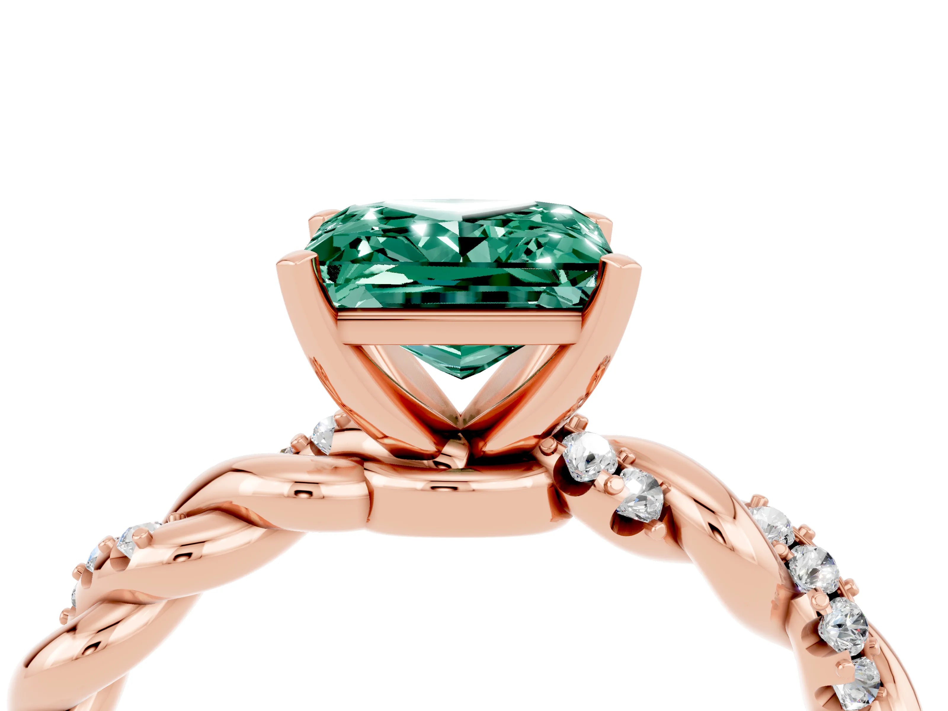 Rose gold Princess Cut Green Sapphire Solitaire Ring with Twisted Band and Pavé Accents_4