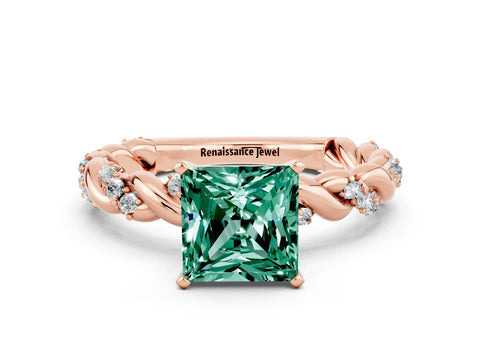 Rose gold Princess Cut Green Sapphire Solitaire Ring with Twisted Band and Pavé Accents