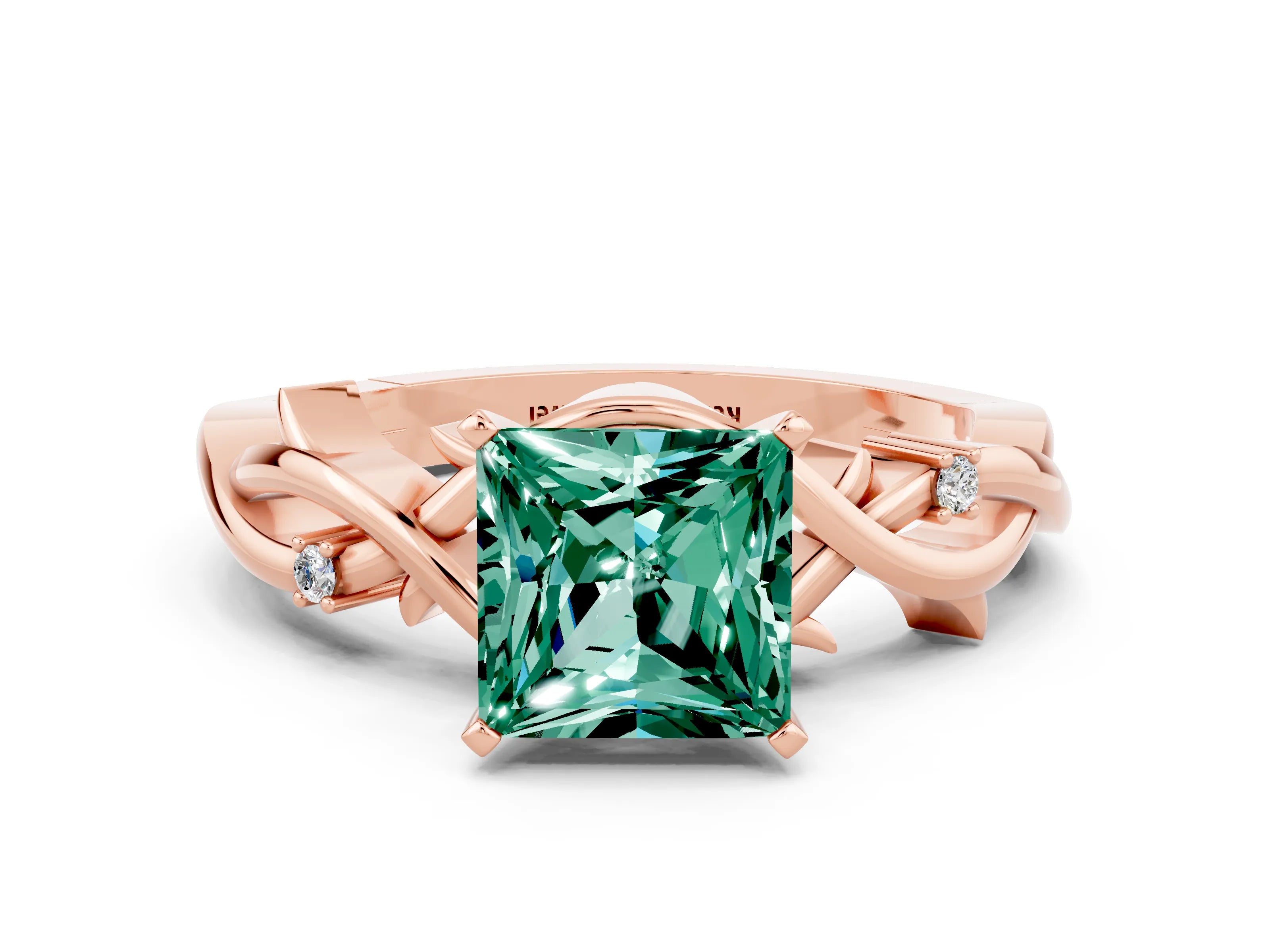 Rose gold Princess Cut Green Sapphire Solitaire Ring with Twisted Band and Prong Setting