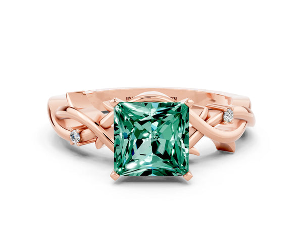 Rose gold Princess Cut Green Sapphire Solitaire Ring with Twisted Band and Prong Setting