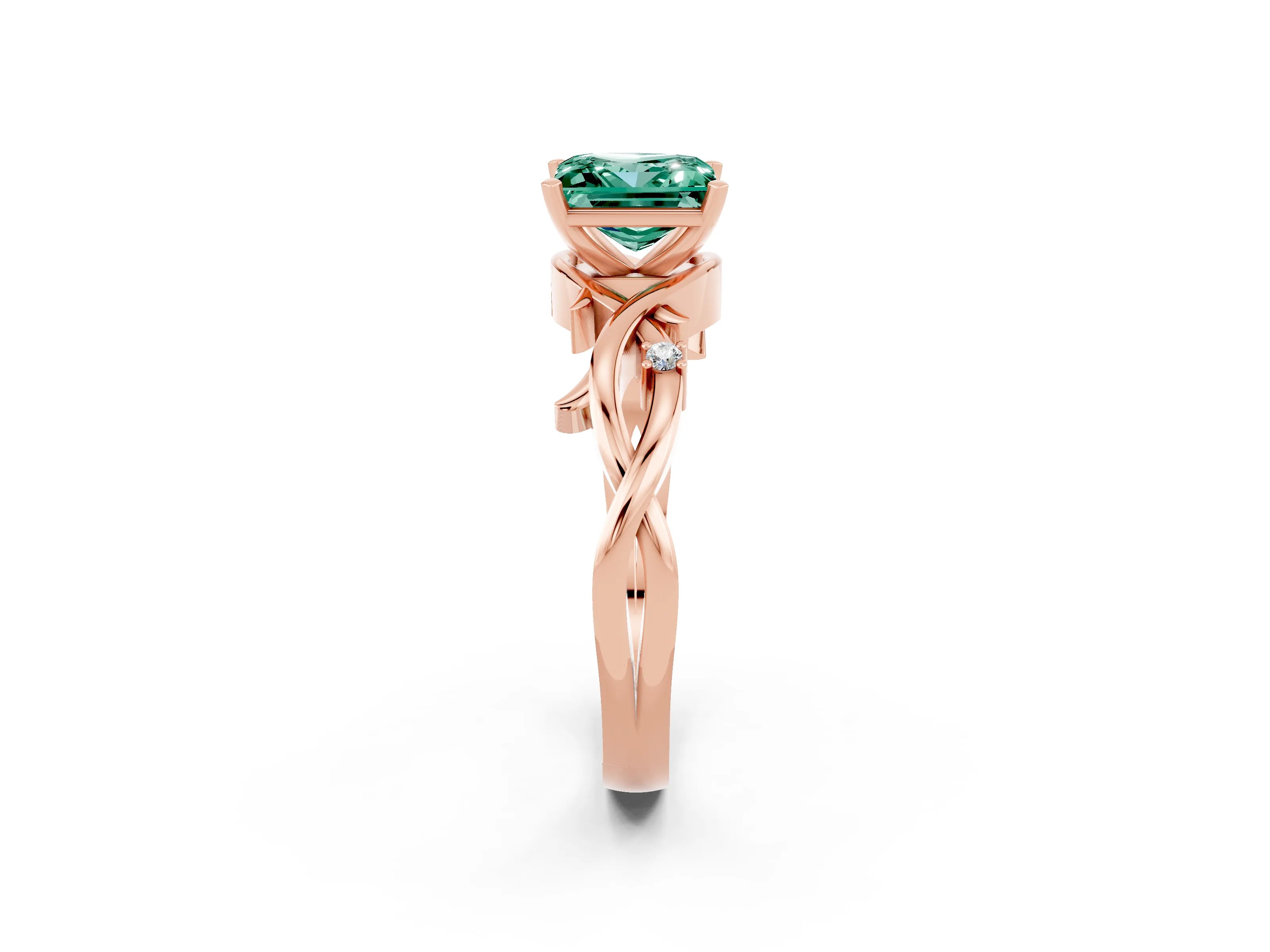 Rose gold Princess Cut Green Sapphire Solitaire Ring with Twisted Band and Prong Setting_2