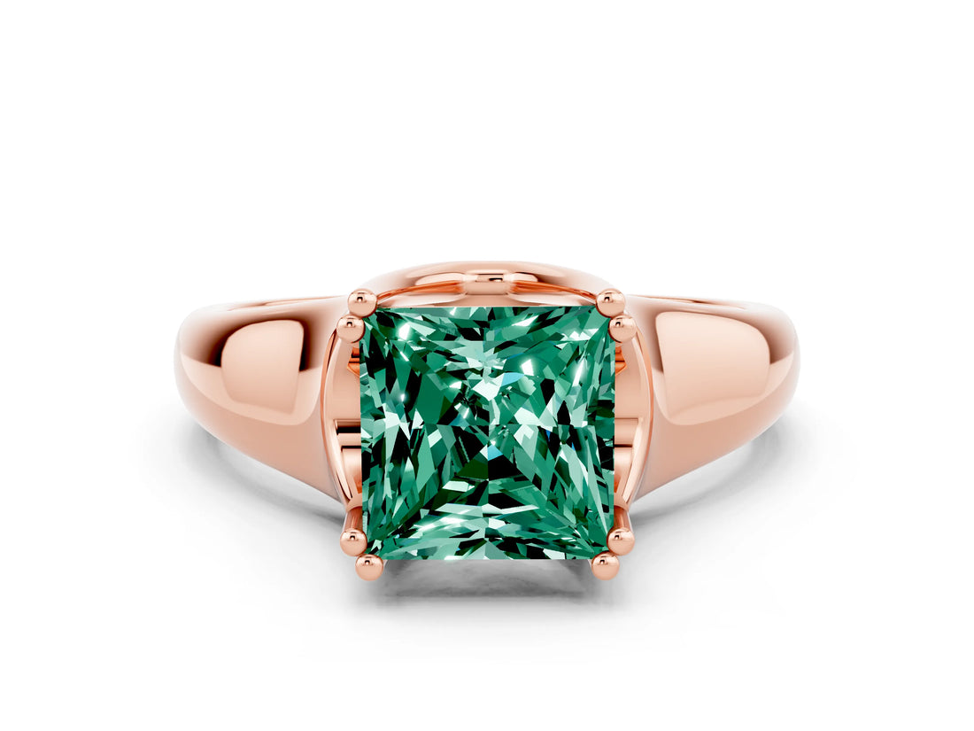 Rose gold Princess Cut Green Sapphire Solitaire Ring with Wide Band and Prong Setting