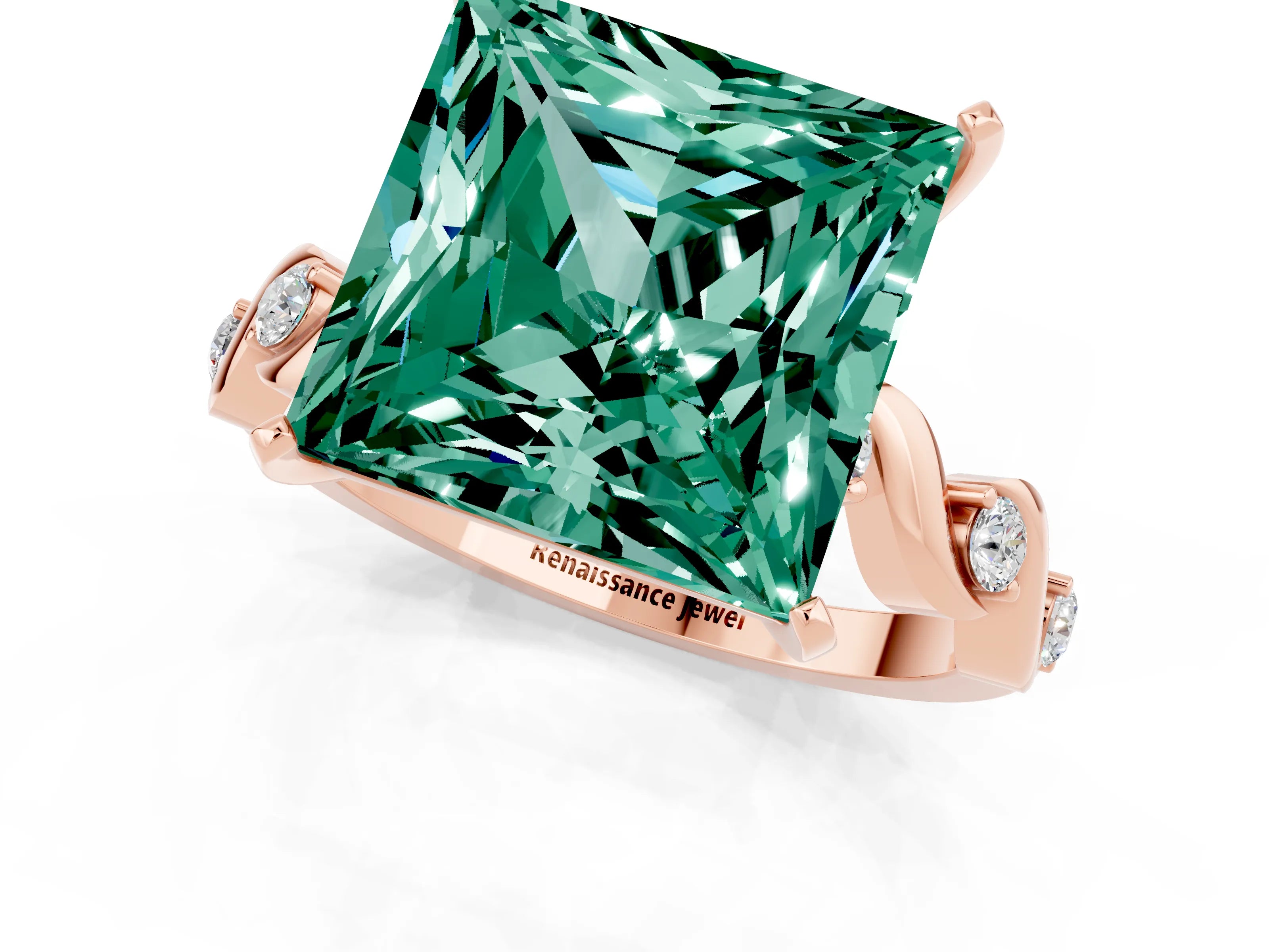 Rose gold Princess Cut Green Sapphire Solitaire Twisted Band with Round  Accents and Prong Setting_13