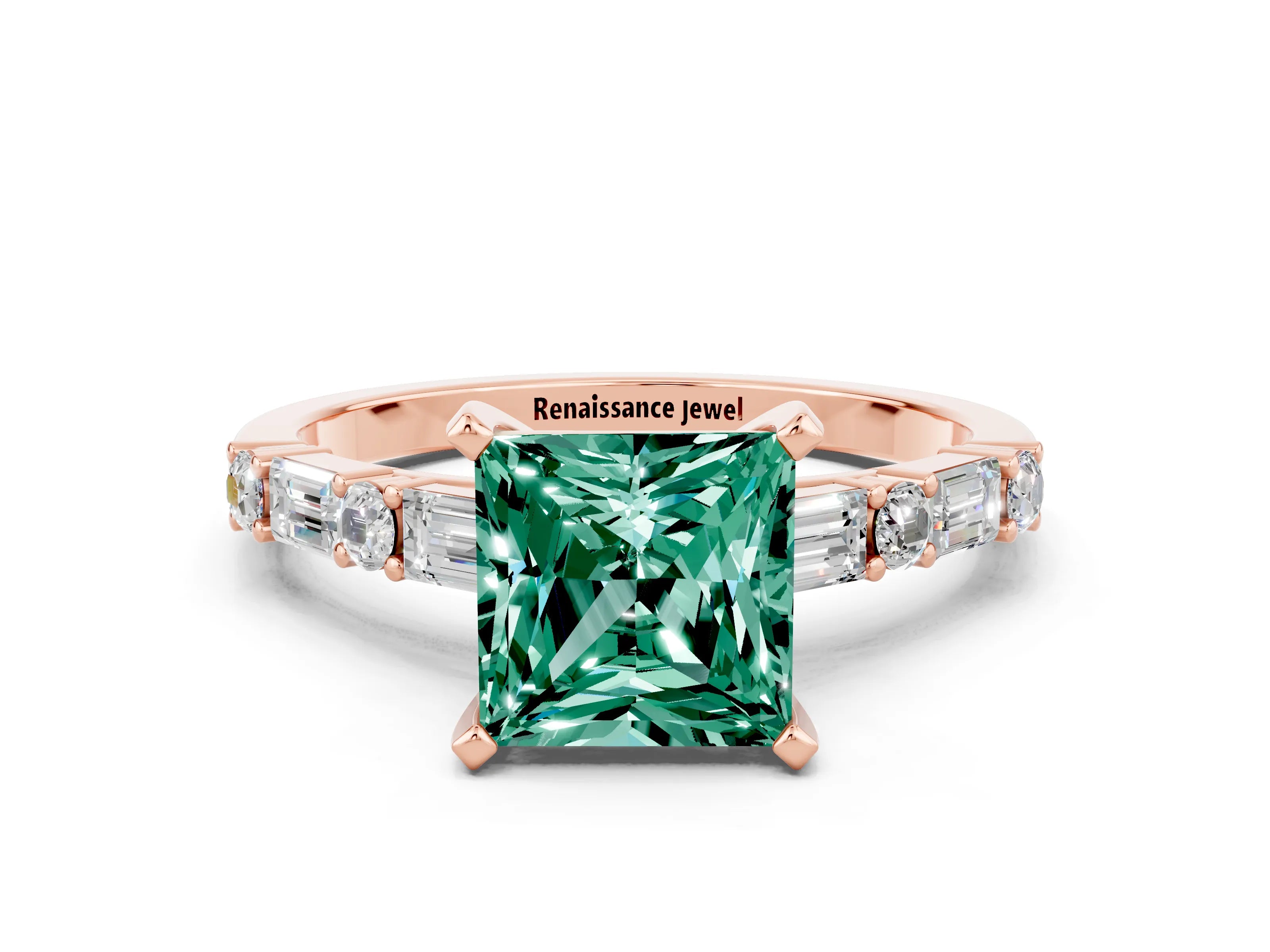 Rose gold Princess Cut Green Sapphire Solitaire with Side Baguettes and Channel Set Band