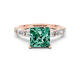 Rose gold Princess Cut Green Sapphire Solitaire with Side Baguettes and Channel Set Band