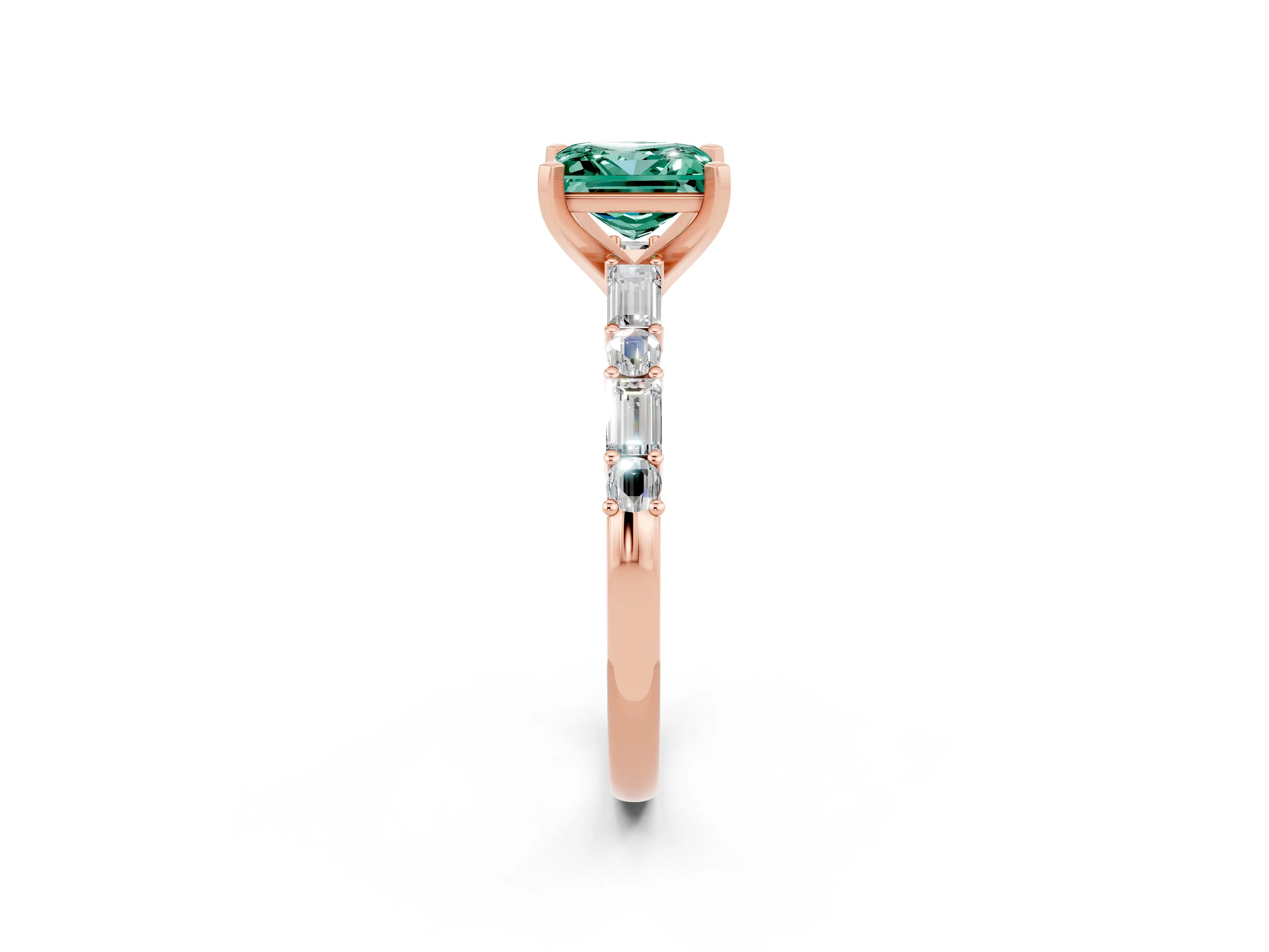 Rose gold Princess Cut Green Sapphire Solitaire with Side Baguettes and Channel Set Band_2