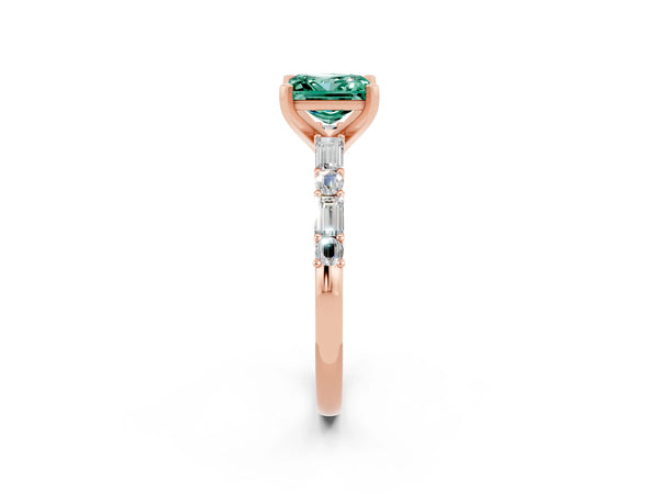 Rose gold Princess Cut Green Sapphire Solitaire with Side Baguettes and Channel Set Band