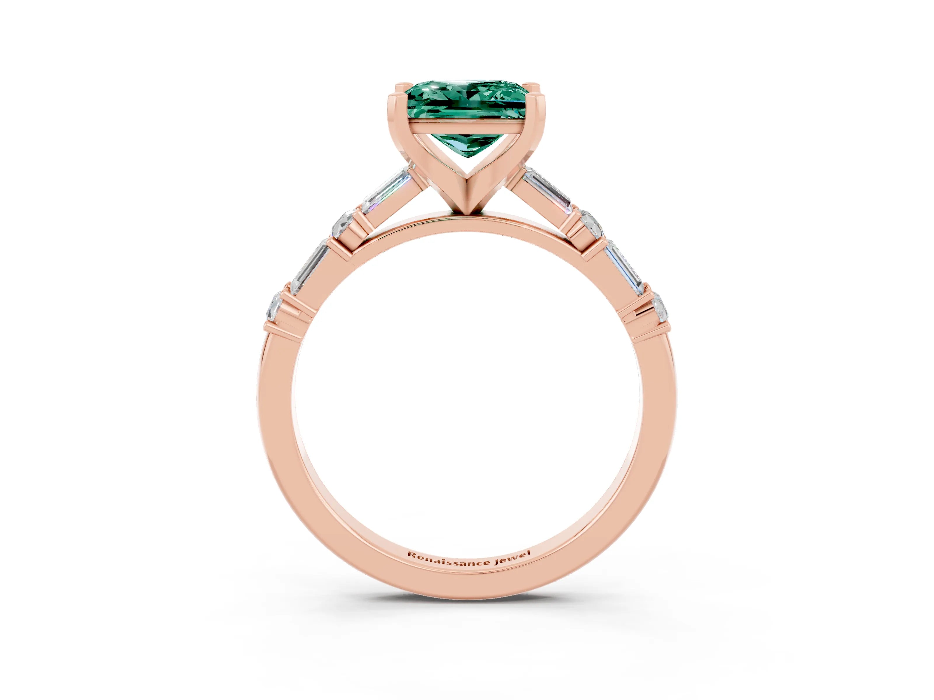 Rose gold Princess Cut Green Sapphire Solitaire with Side Baguettes and Channel Set Band_3