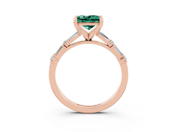 Rose gold Princess Cut Green Sapphire Solitaire with Side Baguettes and Channel Set Band