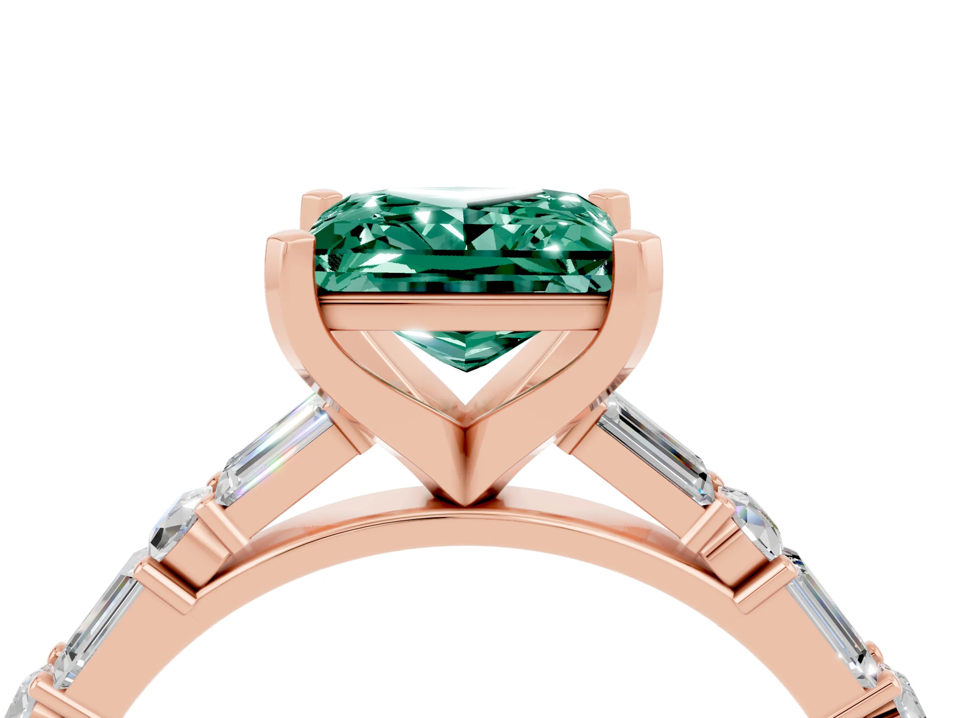 Rose gold Princess Cut Green Sapphire Solitaire with Side Baguettes and Channel Set Band_4
