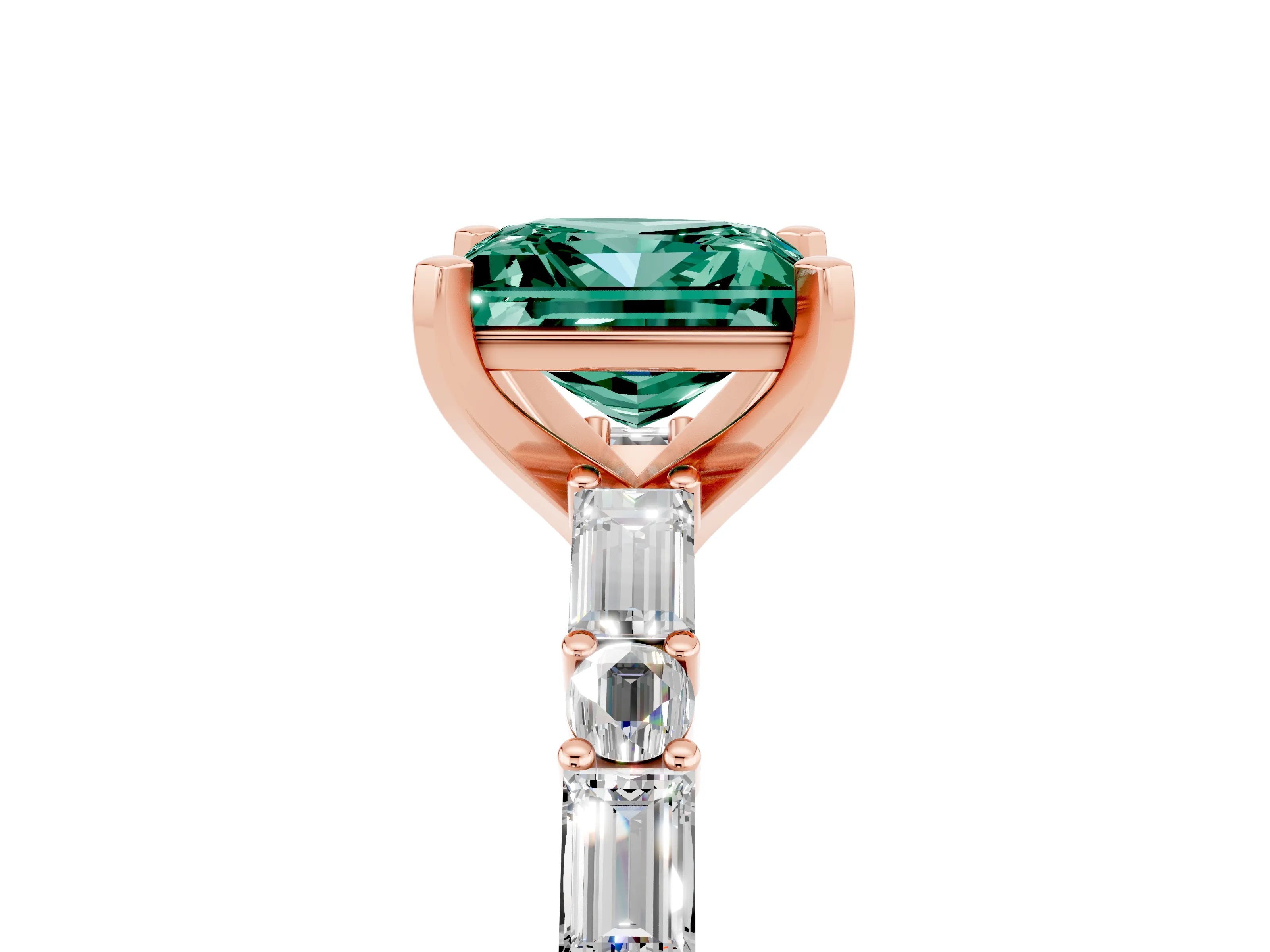 Rose gold Princess Cut Green Sapphire Solitaire with Side Baguettes and Channel Set Band_5