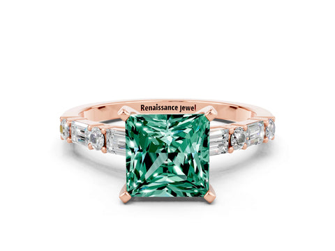 Rose gold Princess Cut Green Sapphire Solitaire with Side Baguettes and Channel Set Band