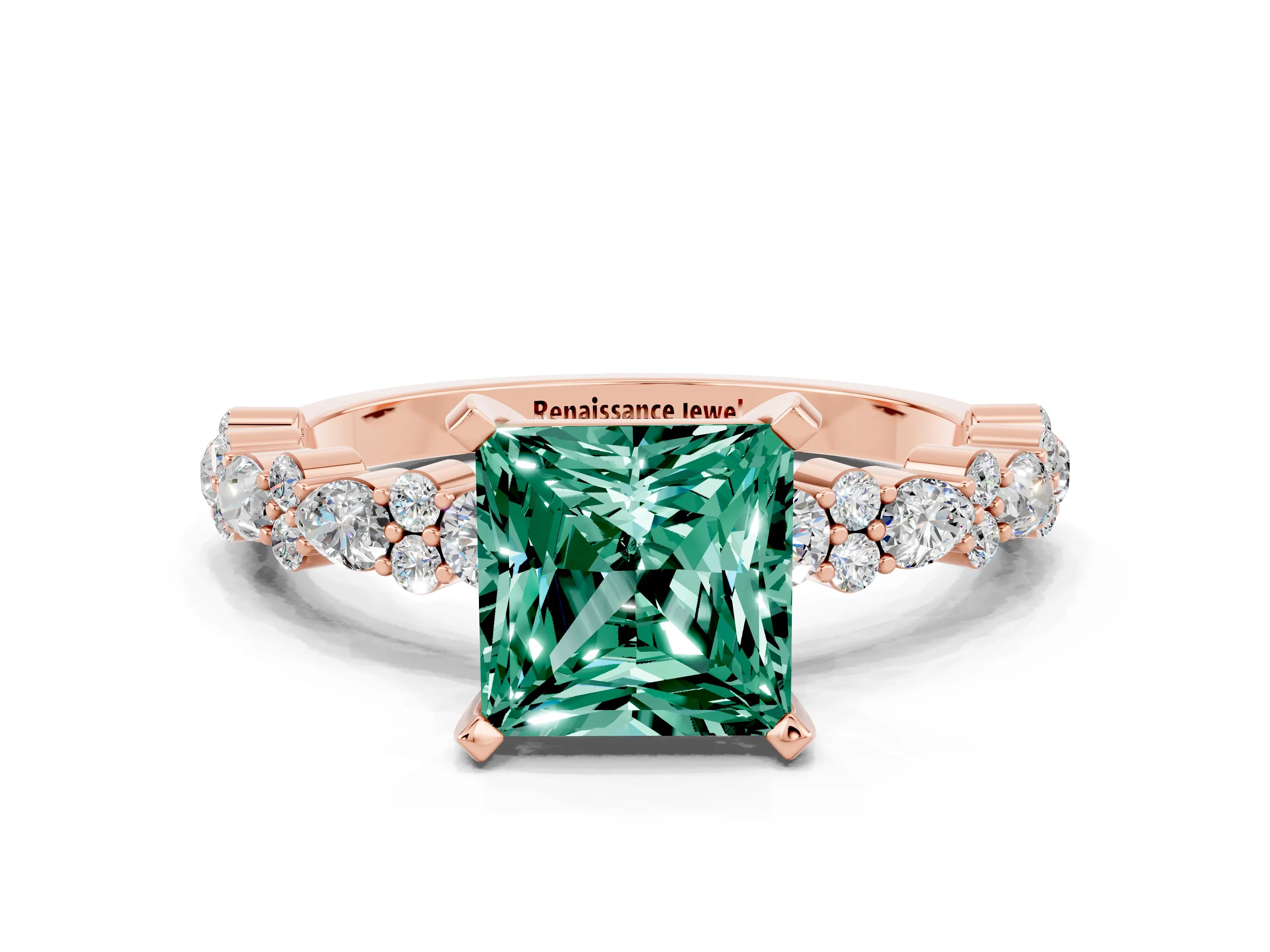 Rose gold Princess Cut Green Sapphire Solitaire with Side Stones, Pave Band, Four-Prong Setting_36