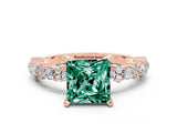 Rose gold Princess Cut Green Sapphire Solitaire with Side Stones, Pave Band, Four-Prong Setting_36