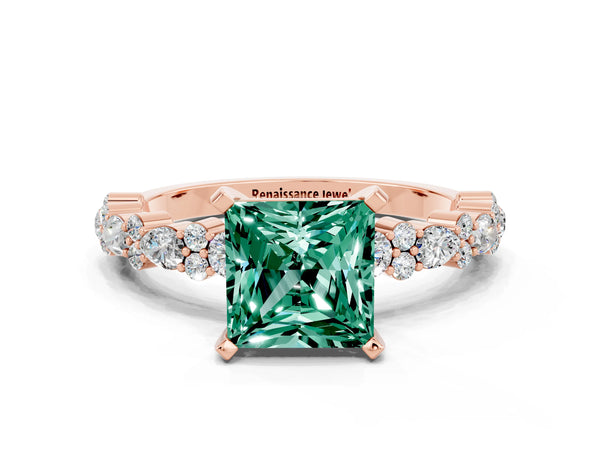 Rose gold Princess Cut Green Sapphire Side Stone Solitaire Ring with Round  and Four-Prong Setting