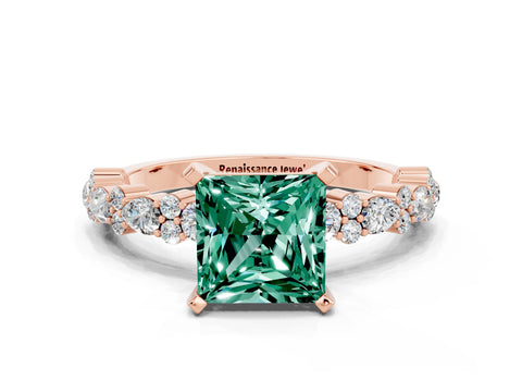 Rose gold Princess Cut Green Sapphire Solitaire with Side Stones, Pave Band, Four-Prong Setting_36
