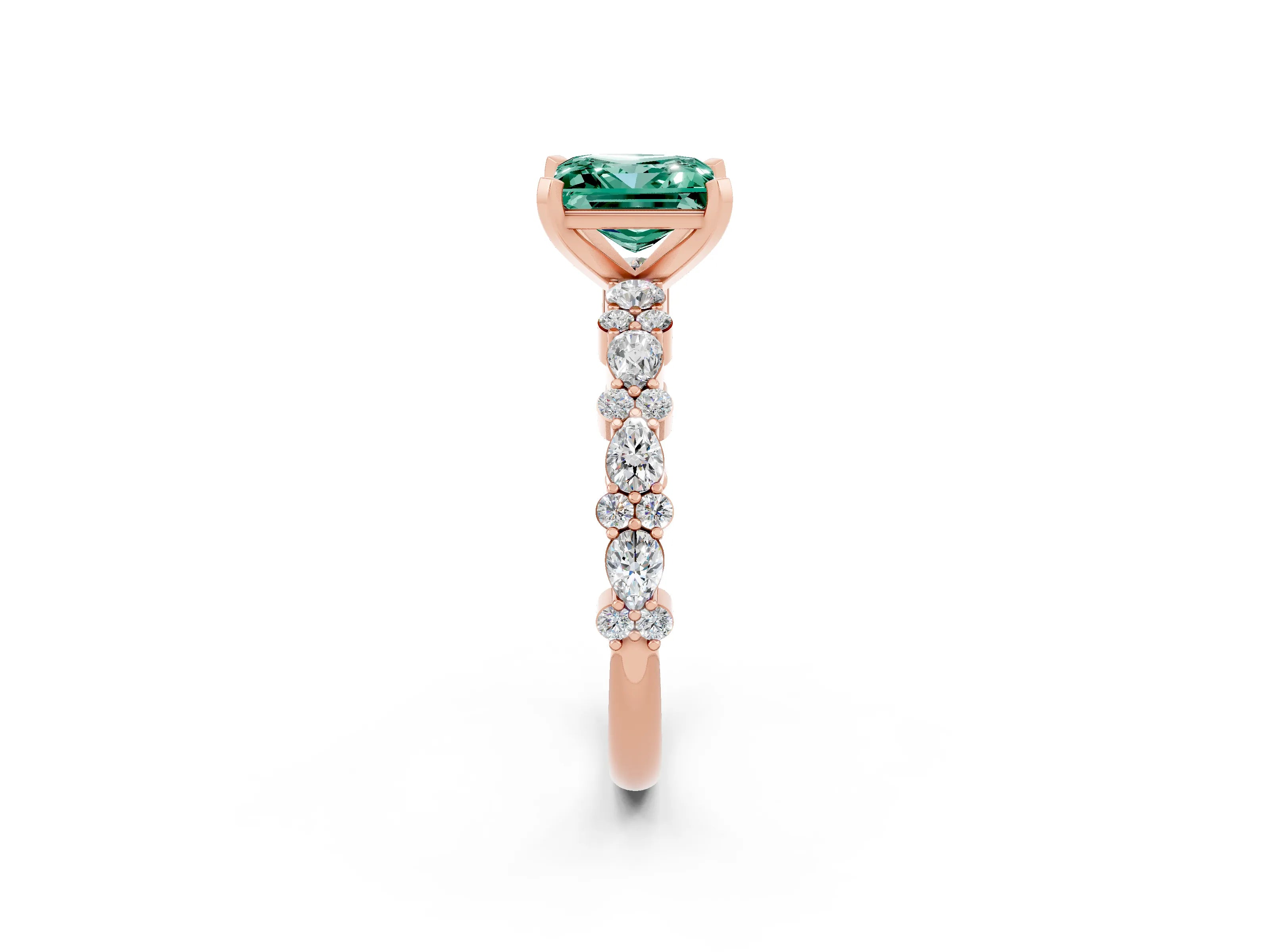 Rose gold Princess Cut Green Sapphire Solitaire with Side Stones, Pave Band, Four-Prong Setting_38