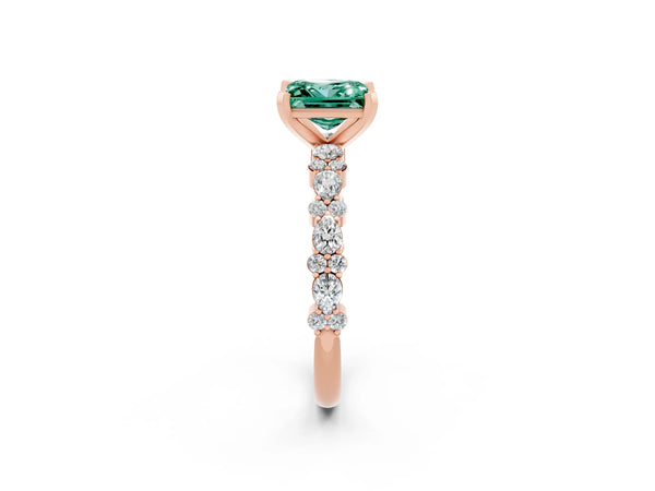 Rose gold Princess Cut Green Sapphire Side Stone Solitaire Ring with Round  and Four-Prong Setting