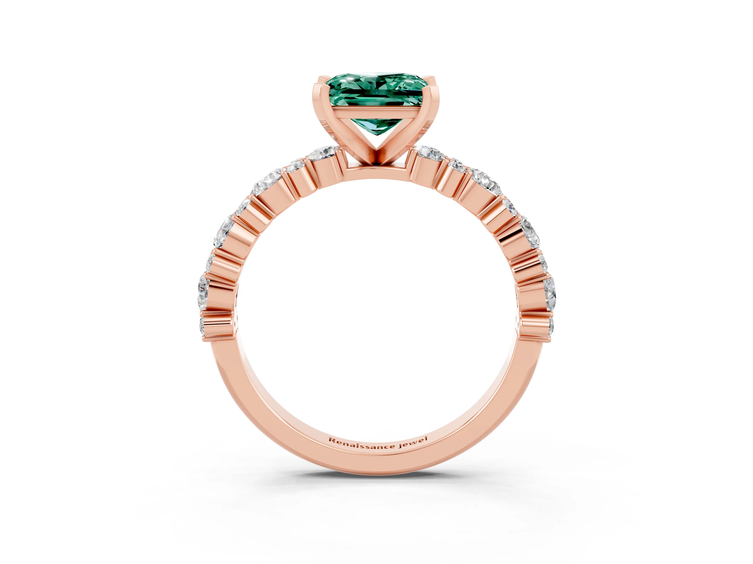 Rose gold Princess Cut Green Sapphire Solitaire with Side Stones, Pave Band, Four-Prong Setting_39