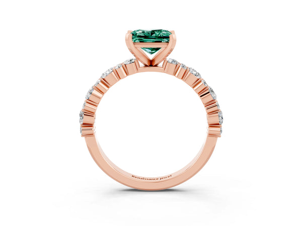 Rose gold Princess Cut Green Sapphire Side Stone Solitaire Ring with Round  and Four-Prong Setting