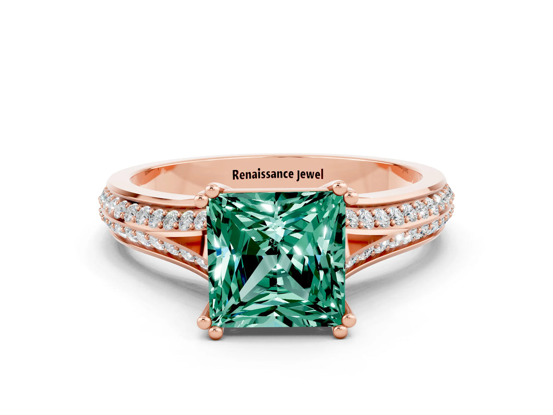 Rose gold Princess Cut Green Sapphire Split Shank Engagement Ring with Pavé Band