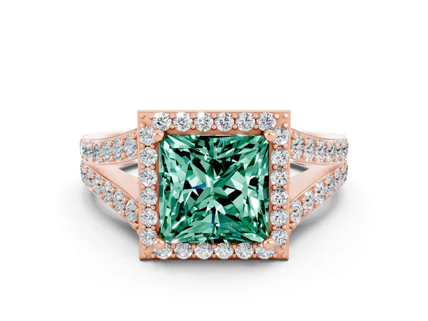 Rose gold Princess Cut Green Sapphire Split Shank Halo Ring with Four-Prong Setting