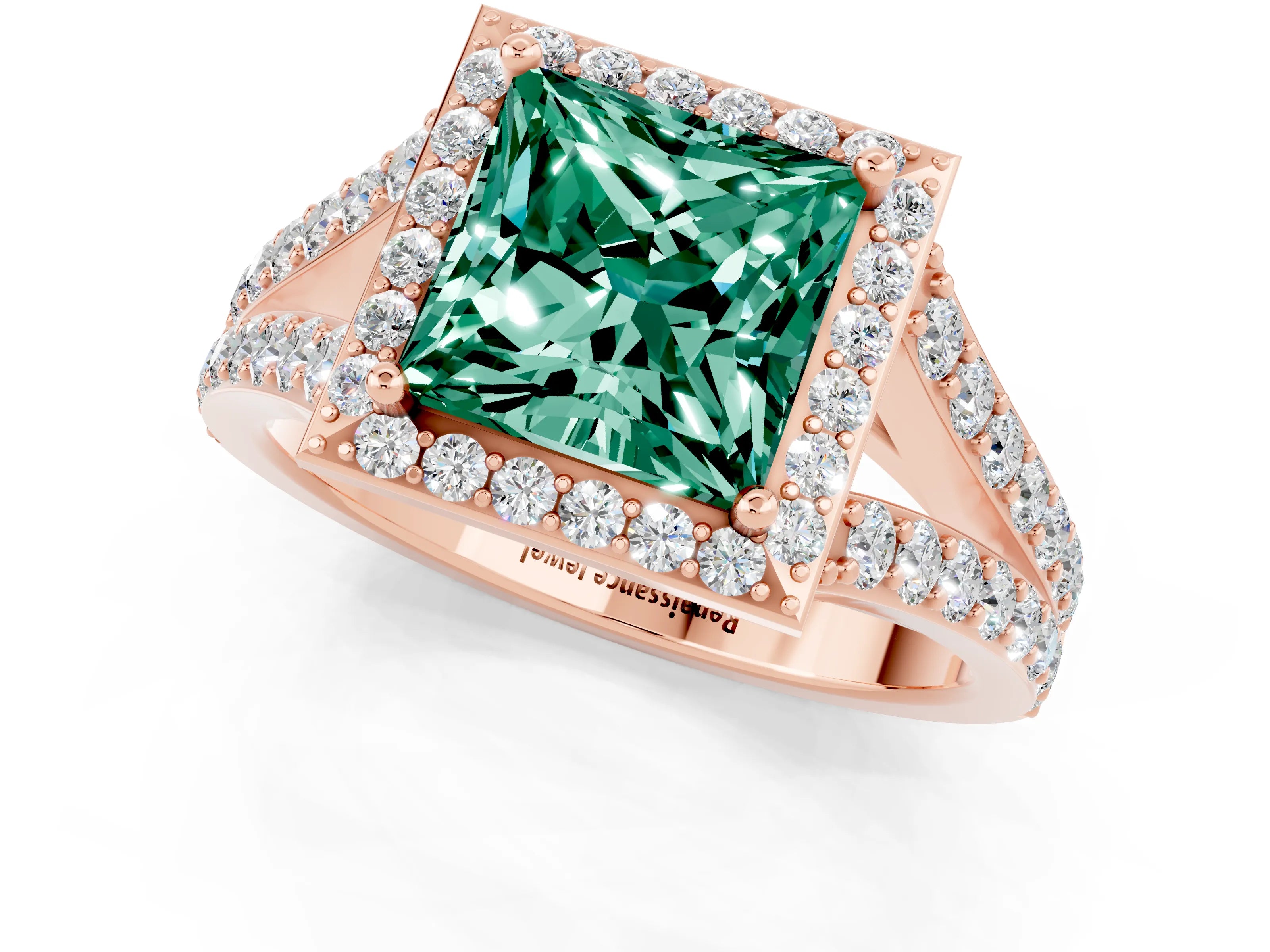 Rose gold Princess Cut Green Sapphire Split Shank Halo Ring with Four-Prong Setting_13