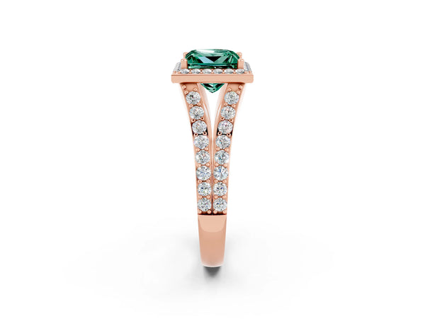 Rose gold Princess Cut Green Sapphire Split Shank Halo Ring with Four-Prong Setting