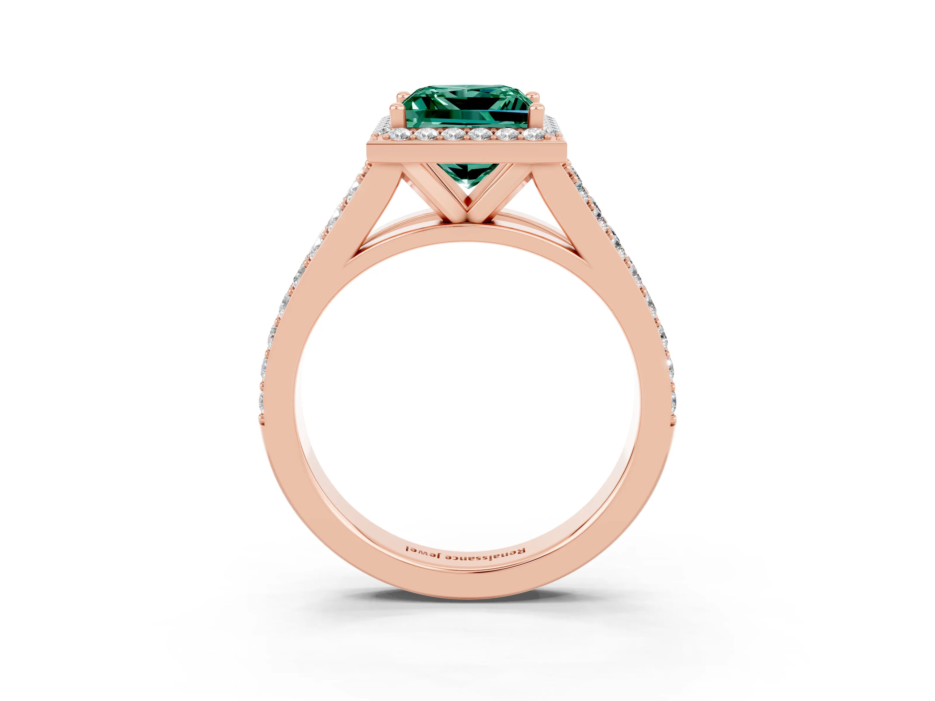 Rose gold Princess Cut Green Sapphire Split Shank Halo Ring with Four-Prong Setting_15