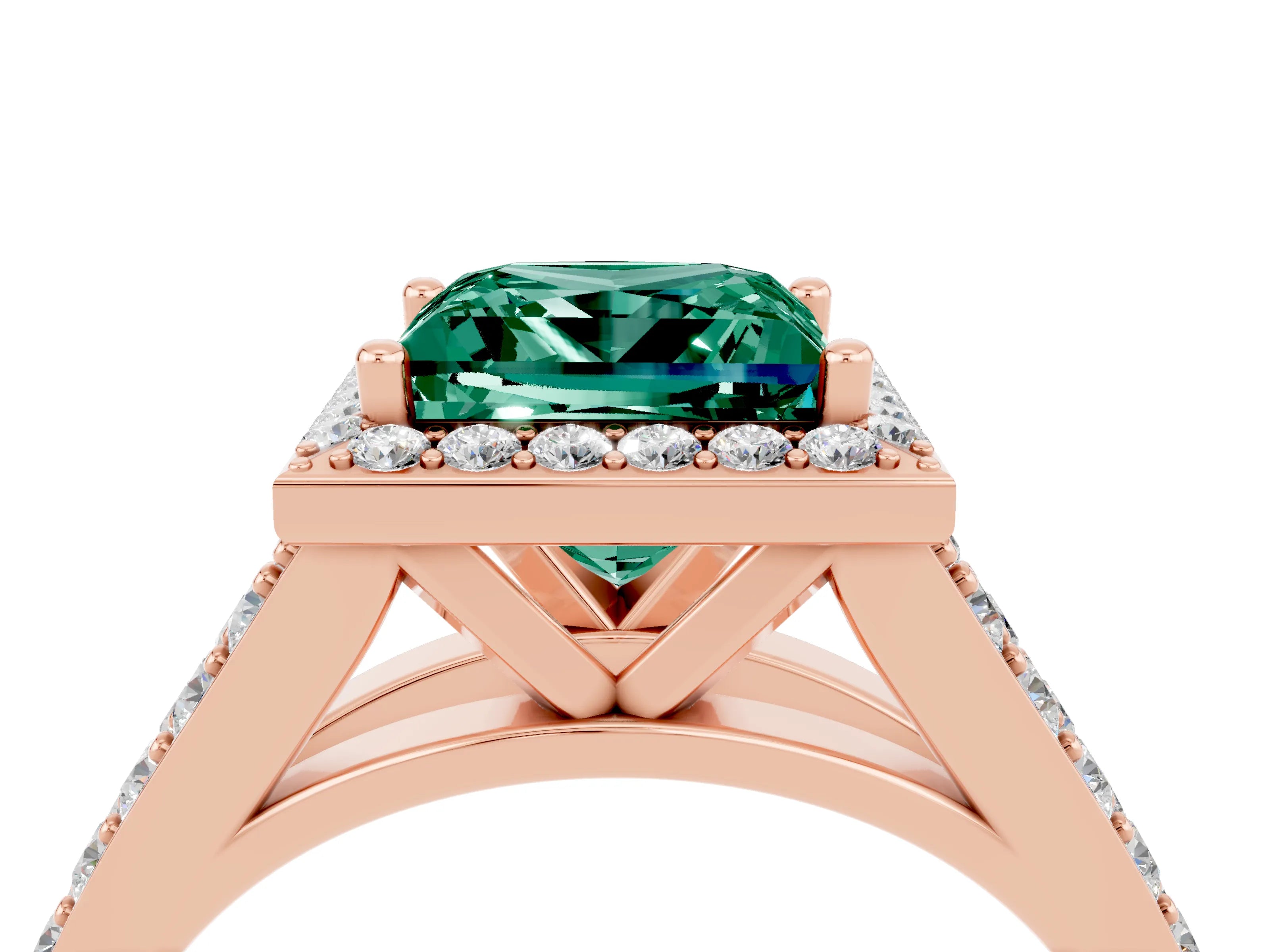 Rose gold Princess Cut Green Sapphire Split Shank Halo Ring with Four-Prong Setting_16