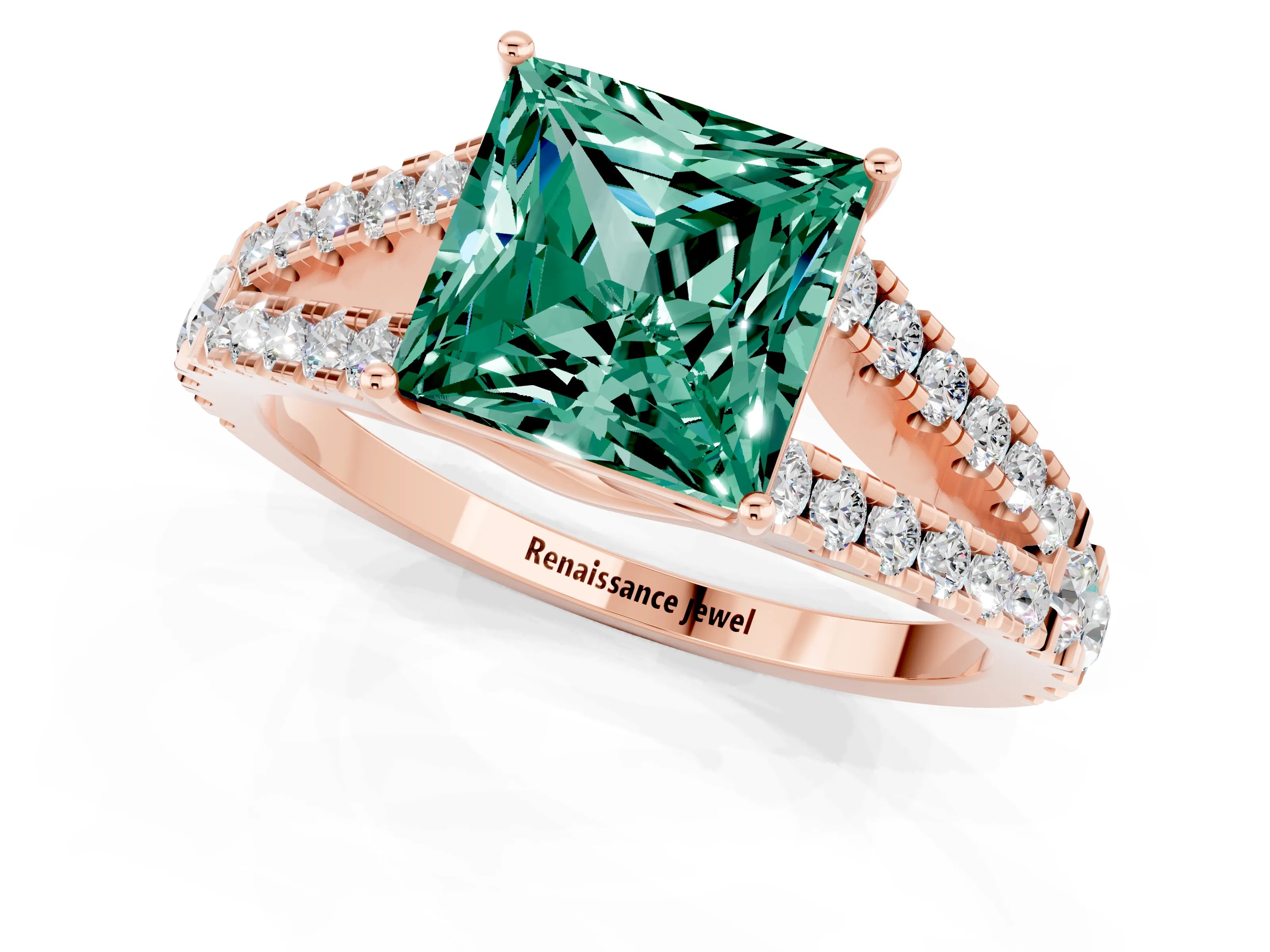 Rose gold Princess Cut Green Sapphire Split Shank Pavé Engagement Ring with Four-Prong Setting_13