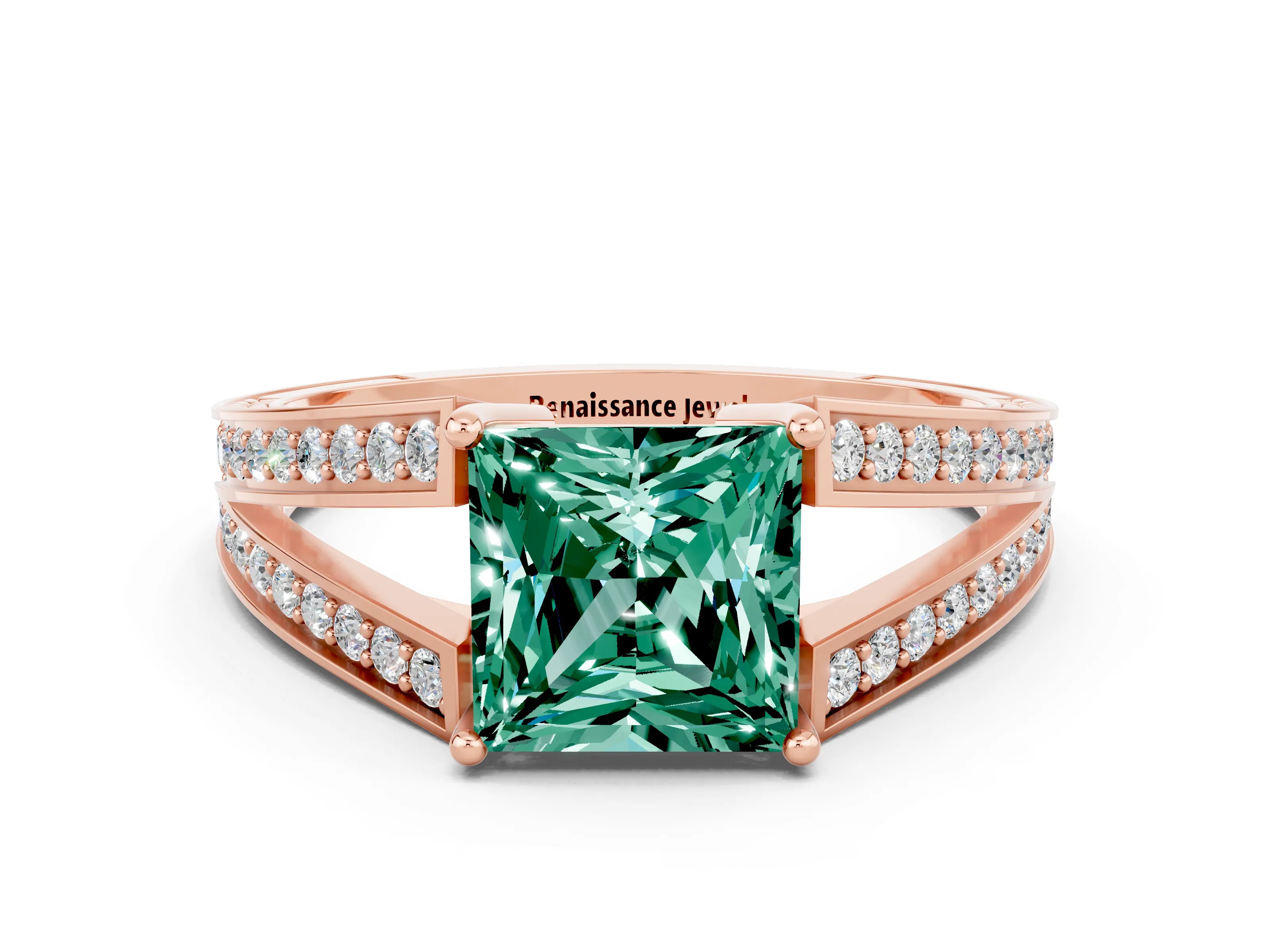 Rose gold Princess Cut Green Sapphire Split Shank Ring with Pavé Band and Four-Prong Setting