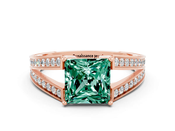 Rose gold Princess Cut Green Sapphire Split Shank Ring with Pavé Band and Four-Prong Setting