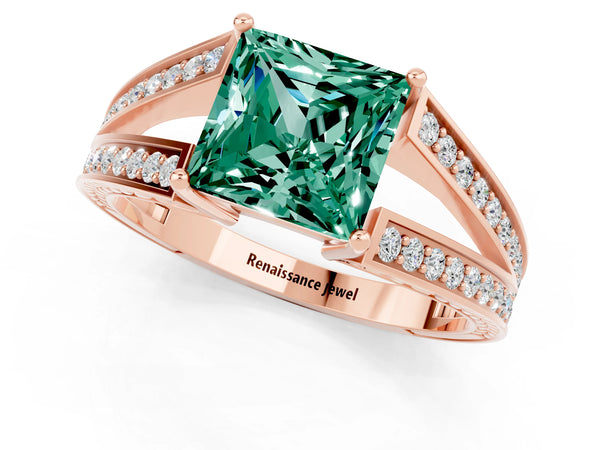 Rose gold Princess Cut Green Sapphire Split Shank Ring with Pavé Band and Four-Prong Setting