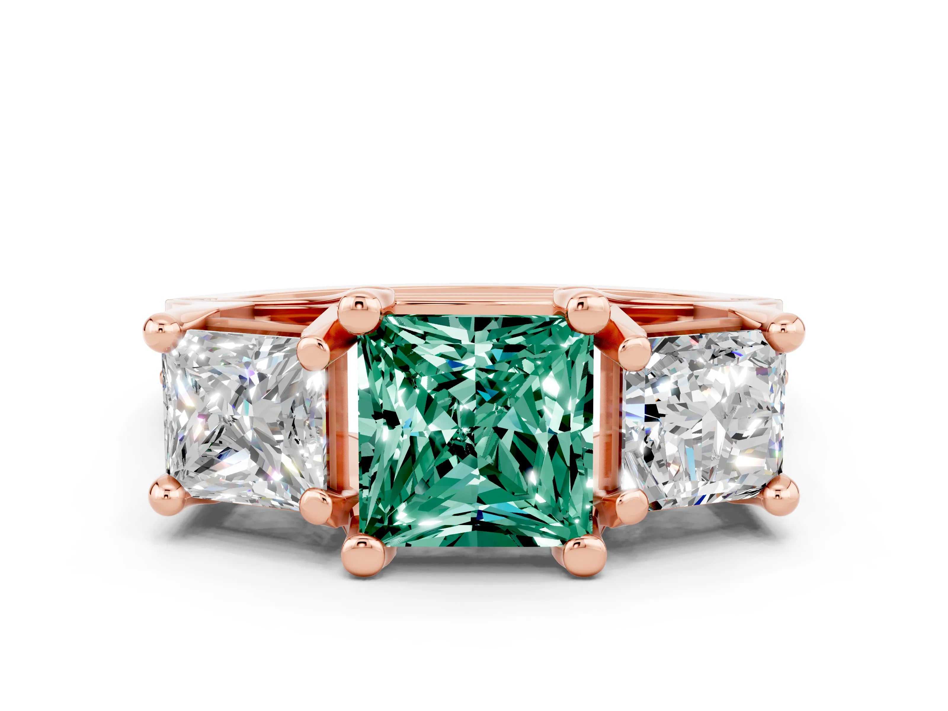 Rose gold Princess Cut Green Sapphire Three-Stone Ring with Channel Set Band and Four-Prong Setting