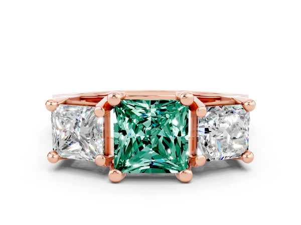 Rose gold Princess Cut Green Sapphire Three-Stone Ring with Channel Set Band and Four-Prong Setting