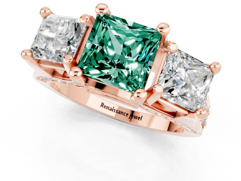 Rose gold Princess Cut Green Sapphire Three-Stone Ring with Channel Set Band and Four-Prong Setting_1