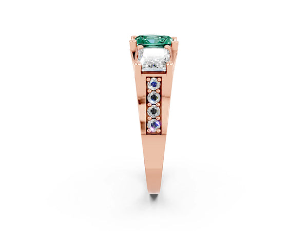 Rose gold Princess Cut Green Sapphire Three-Stone Ring with Channel Set Band and Four-Prong Setting