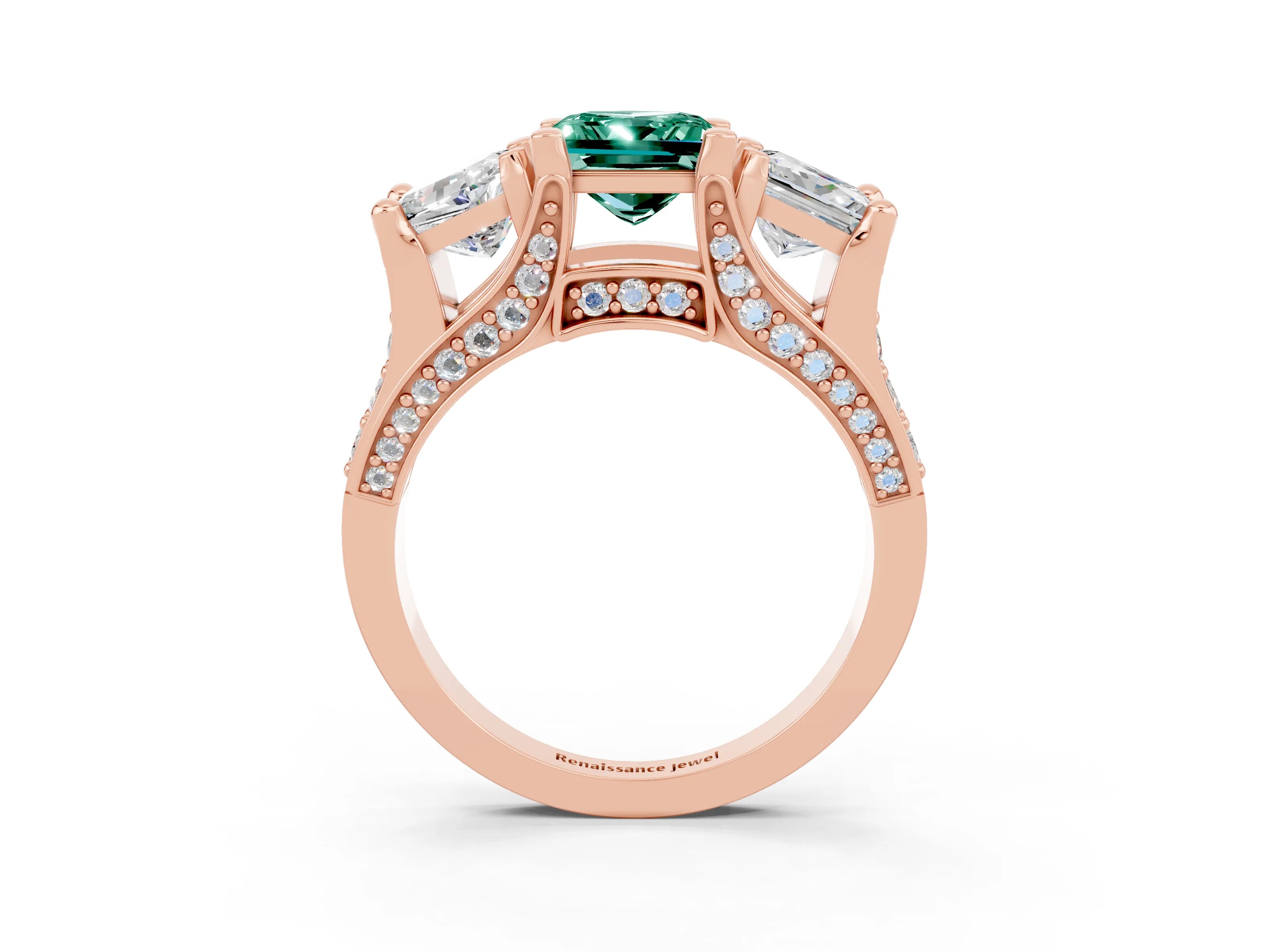 Rose gold Princess Cut Green Sapphire Three-Stone Ring with Channel Set Band and Four-Prong Setting_3