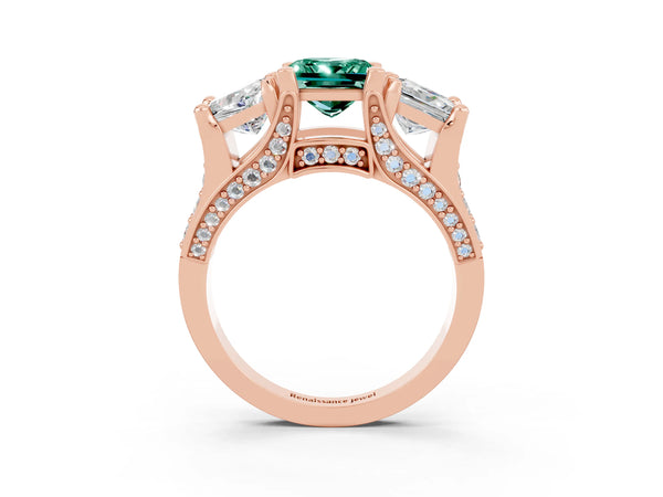Rose gold Princess Cut Green Sapphire Three-Stone Ring with Channel Set Band and Four-Prong Setting
