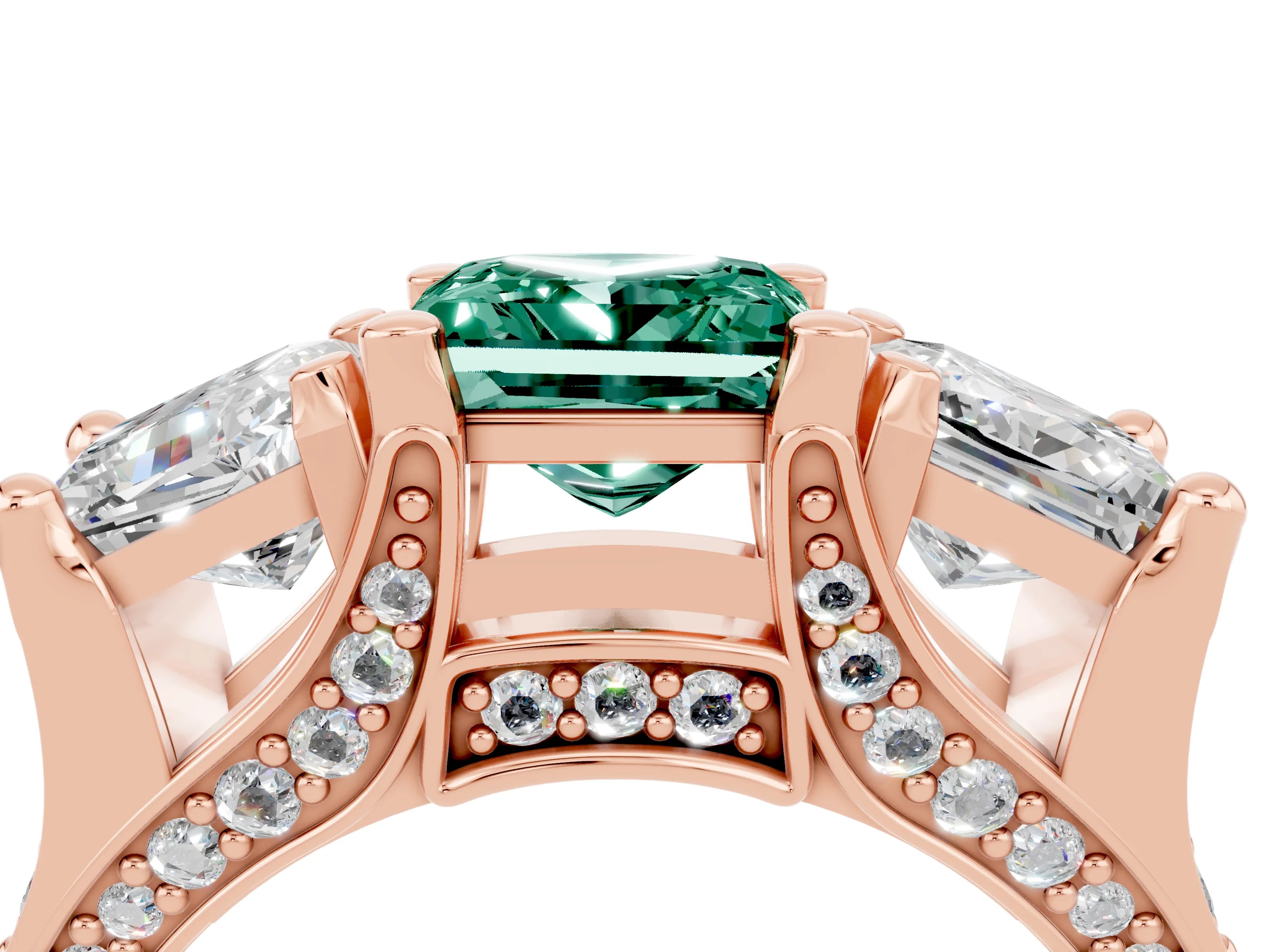 Rose gold Princess Cut Green Sapphire Three-Stone Ring with Channel Set Band and Four-Prong Setting_4