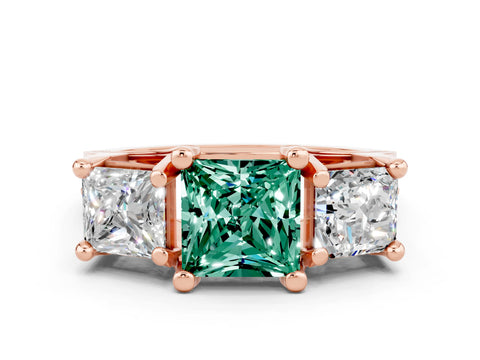 Rose gold Princess Cut Green Sapphire Three-Stone Ring with Channel Set Band and Four-Prong Setting