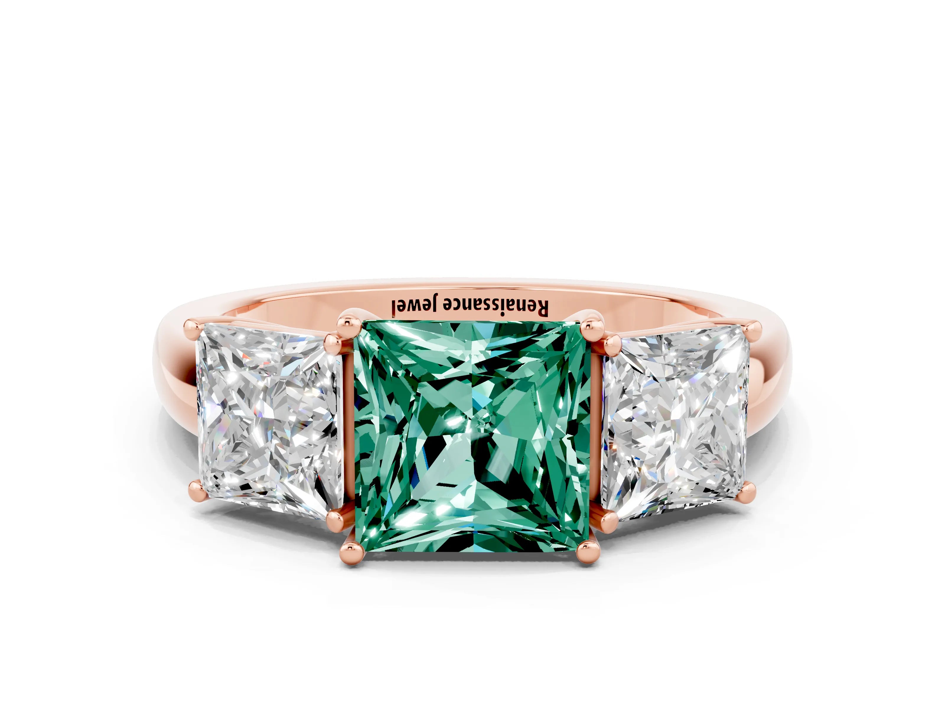 Rose gold Princess Cut Green Sapphire Three-Stone Ring with Four-Prong Setting and Classic Band